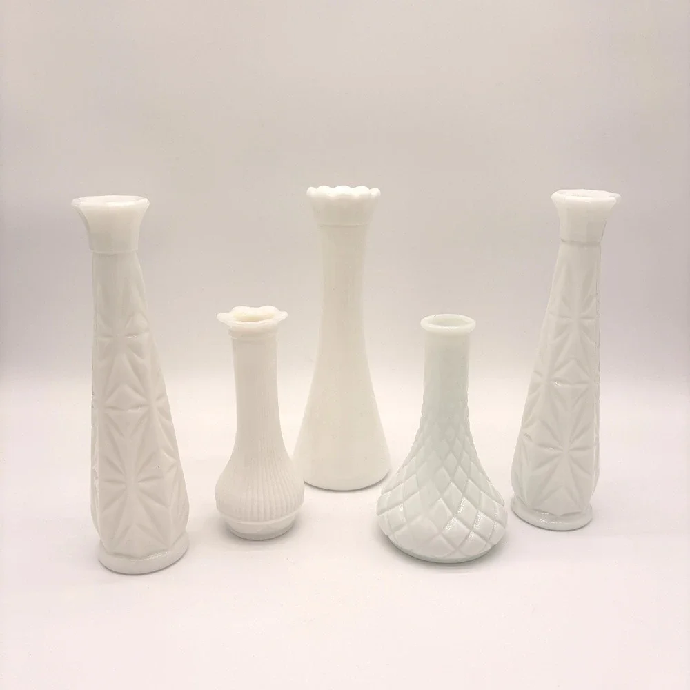 Vintage Milk Glass Bud Vase Set White Floral Decor Cottagecore Centerpiece 5pc